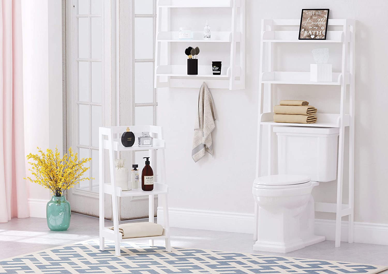 Utex 3 Tier Bathroom Shelf Wall Mounted with Towel Hooks, Bathroom Organizer Shelf Over The Toilet - White